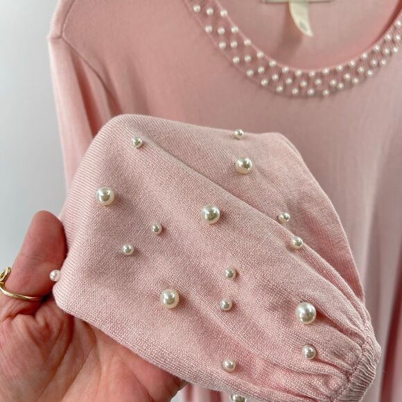 EMALINE pearl beaded pink blush lightweight sweater large EUC - Picture 7 of 10
